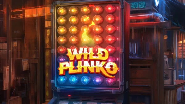Wild Plinko text at the forefront of a bright rustic Wild Plinko machine game console in a wooden shop.