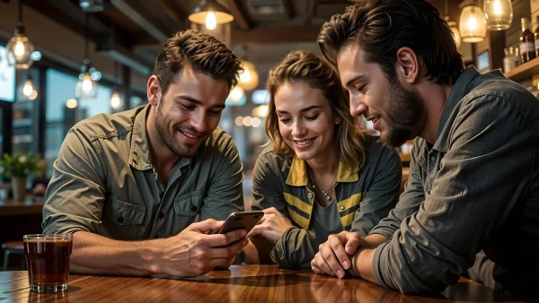 Is Bovada casino a Legit Gaming Site. Picture showing group of young adults sitting around a table looking at a phone.