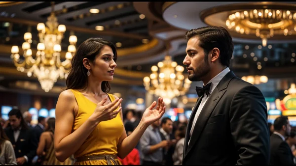 Frequently Asked Questions on Casino Bonuses - Woman asking man a question on casino floor.