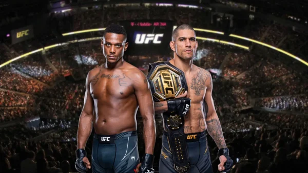 A promotional poster for the UFC 300 event. Two UFC fighters standing forefront with one holding the winner's belt in front of a blurred, packed T.Mobile arena, with UFC displayed prominently on the jumbotron in the background.