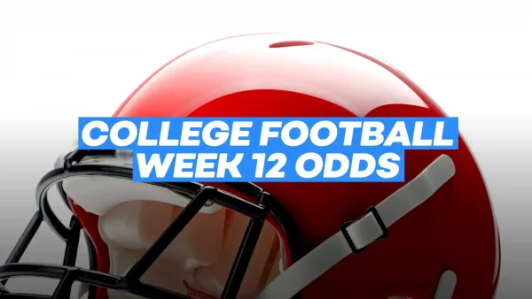 Text 'COLLEGE FOOTBALL ODDS WEEK 12' against the background of a red football helmet.