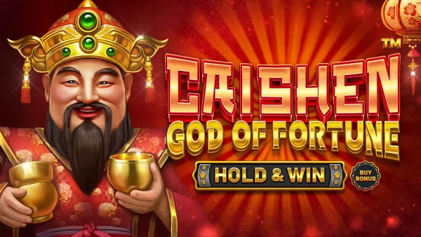 Text reads, 'Caishen God Of Fortune: Hold & Win Online Slot Review'